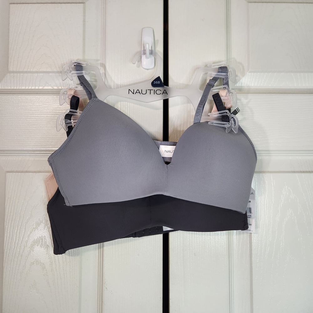 Nautica Intimates 3 Pack Ribbed Wireless T-Shirt Bras Grey Black Nude 36B NEW